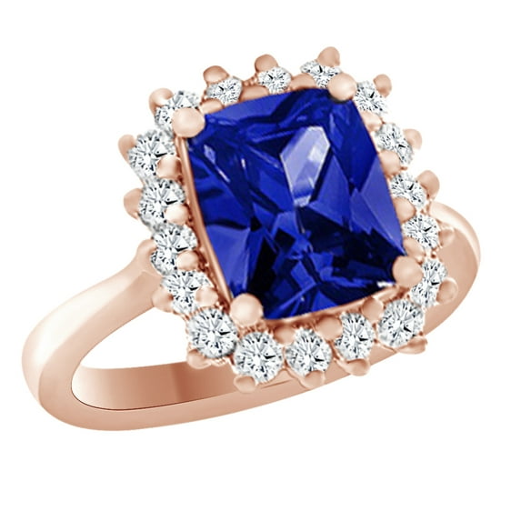 AFFY (4.39 cttw) Simulated Tanzanite & White Natural Diamond Halo Engagement Wedding Ring In 14k Rose Gold With Ring Size 5.5