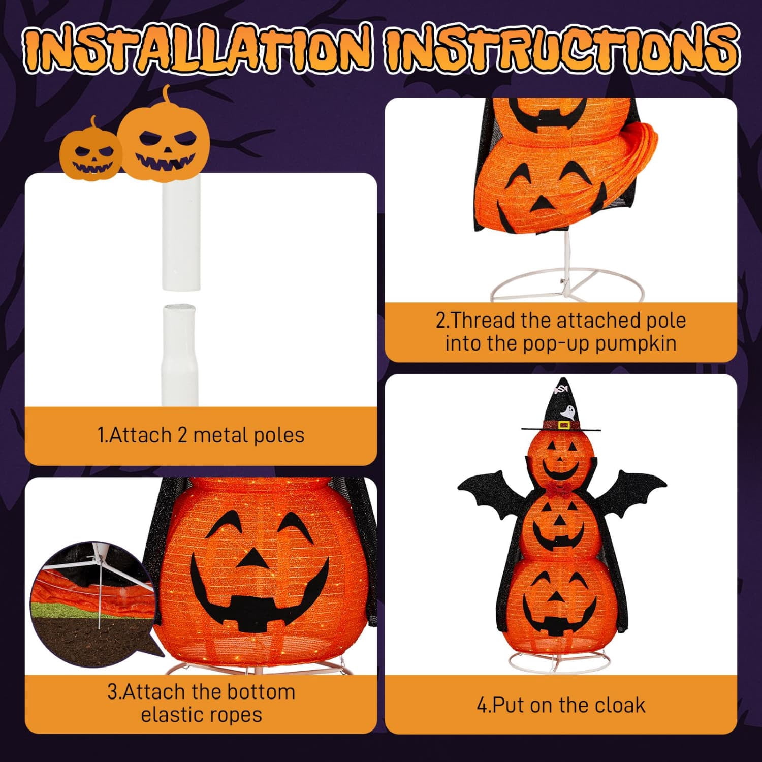 5FT 3-Tier Retractable Fabric Pumpkin Halloween Decor with 130 Warm White LED Lights Foldable Storage