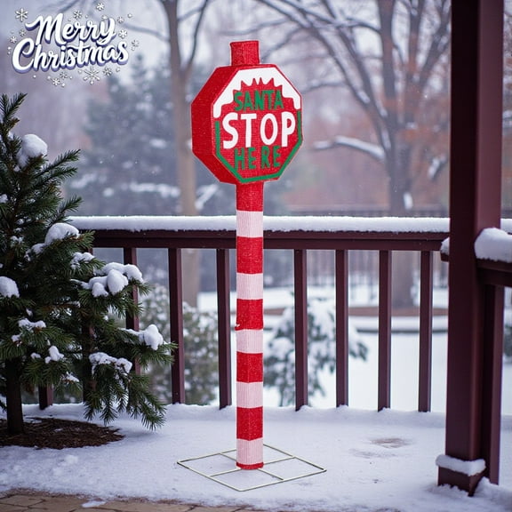 4.3FT Lighted Road Sign Yard Decor, Christmas Red & White Tinsel Sign w/ 70 LEDs, Xmas Decorations for Indoor Outdoor Backyard Garden Patio Deck