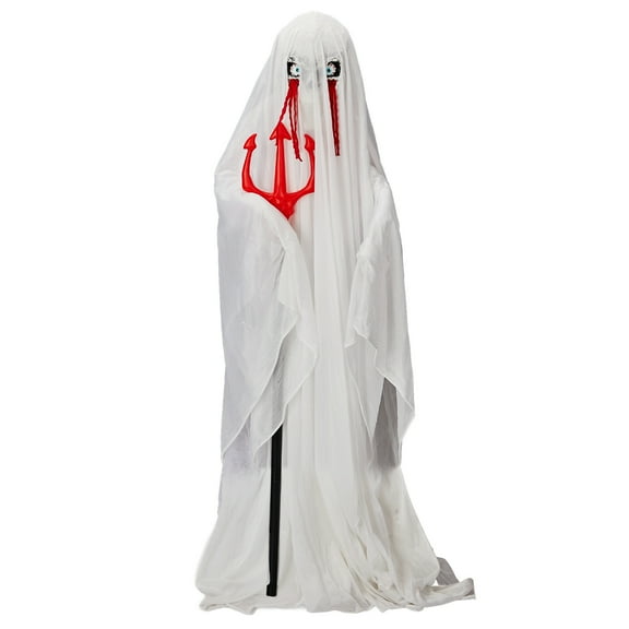 4.3ft Halloween Decorations Outdoor Life Size Animatronics Ghost with Trident, Sound-Actived Party Decor with Green Lights and Creepy Sound, Scary Haunted House Props for Garden Yard Lawn
