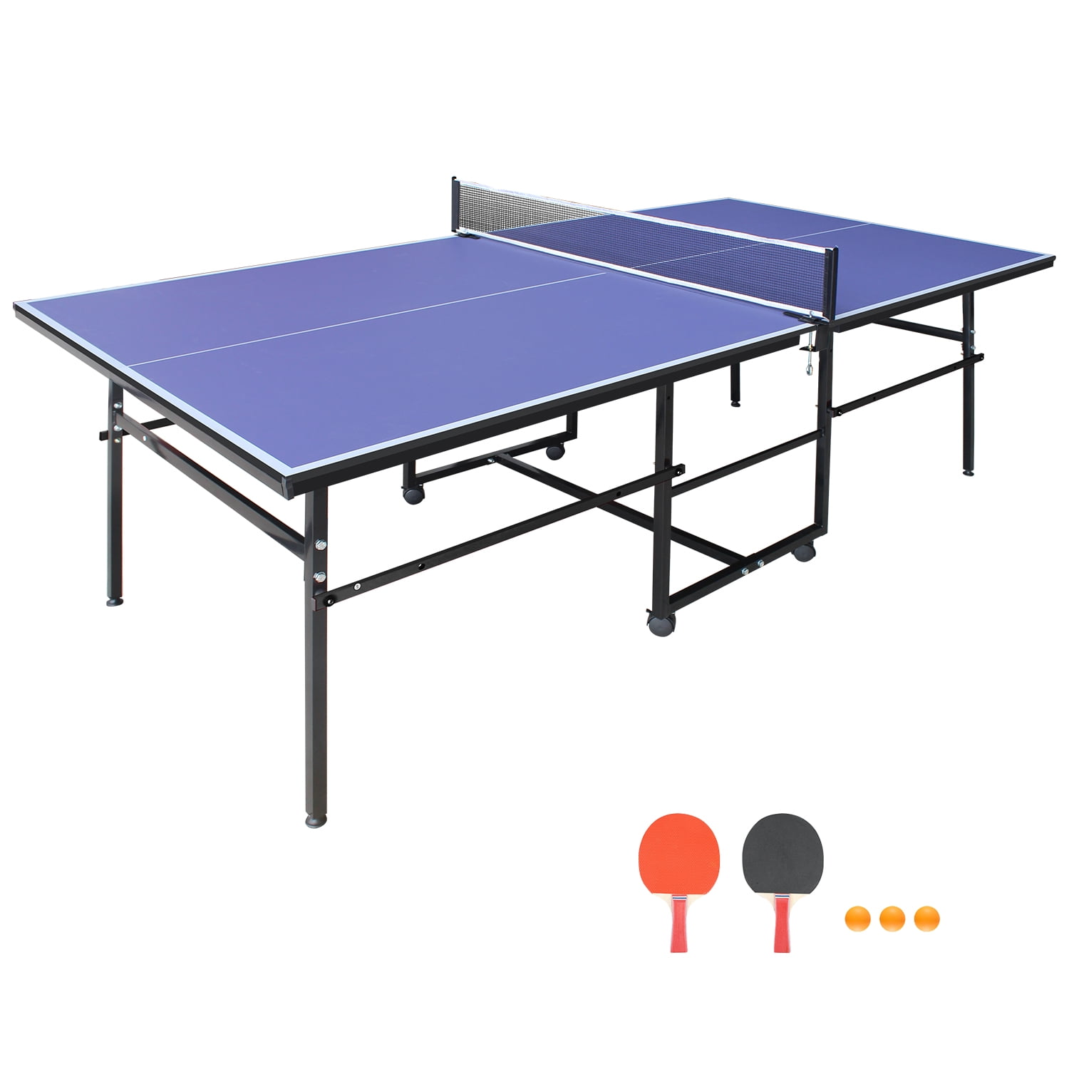 4.3ft Mid-Size Table Tennis Table Foldable & Portable Ping Pong Table Set for Indoor Games with Net, 2 Table Tennis Paddles and 3 Balls