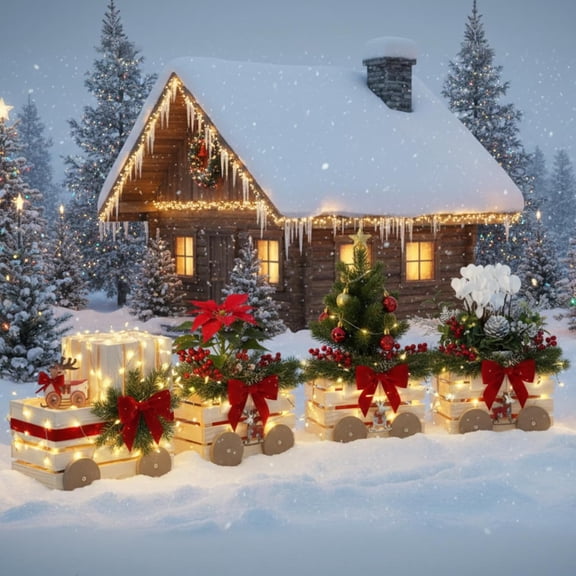 4.3ft Wood Pre-Assemble Christmas Express Train Decorations Indoor Outdoor Gift Boxes Extra Large Flower Planters Box Set Santa Presents Train for Yard Xmas Holiday Party(Natural)