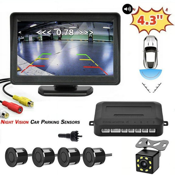 4.3in Backup Camera and Monitor HD Car Rear View Reverse Night Vision Parking Kit+Universal Blind Spot Sensor Warning System Radar Monitoring Detection Set