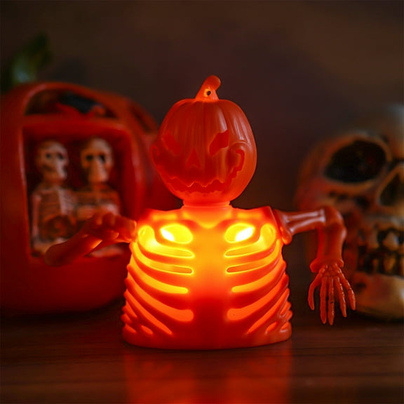 4.3in Skeleton LED Candle Light - Battery Operated Flameless Decor for Halloween Party, Photo Booth, Shelf Display (Flickering Orange Glow)