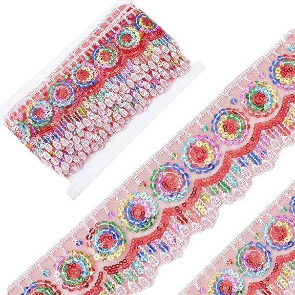 4~4.5M Ethnic Style Polyester Lace Trim with Colorful Paillette Sparkle Embroidery Lace Ribbon Sun Pattern with 1Pc Thread Bobbins White Cards Indian Red 2-3/8 inch(60mm)