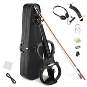 4/4 Electric Violin Full Size Wood Silent Fiddle Stringed Instrument Bow Headphone Case Black