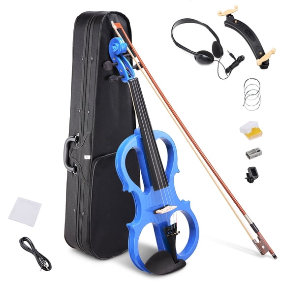 4/4 Electric Violin Full Size Wood Silent Fiddle Stringed Instrument Bow Headphone Case Blue
