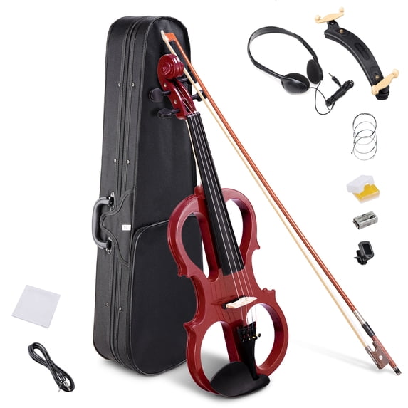 4/4 Electric Violin Full Size Wood Silent Fiddle Stringed Instrument Bow Headphone Case Jujube Red