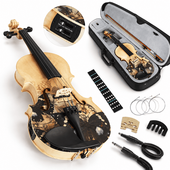 4/4 Full Size Electric Acoustic Violin Set with Hard Case, Bow and Extra Strings for Beginners