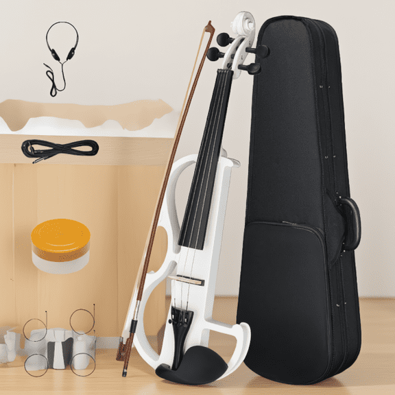 4/4 Full Size Electric Silent Violin with 3-Band EQ, Piano Lacquer Finish, White, Includes Case, Bow, Rosin and Headphone