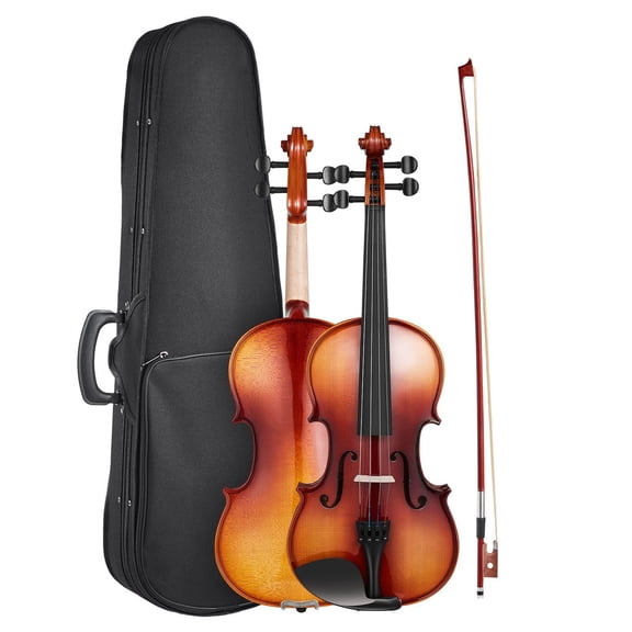 4/4 Full Size Solid Wood Violin Fiddle Set for Beginners, Handcrafted Spruce Top Maple Back Glossy Brown Finish with Case, Bow, Tuner, Shoulder Rest, Rosin, Strings, and Polishing Cloth