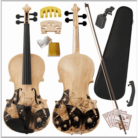 4/4 Full Size Violin, Unique Butterfly Painted Acoustic Violin Set with Lightweight Hard Case, Bow, Rosin, Tuner, Shoulder Rest, Complete Starter Kit for Beginners Adults