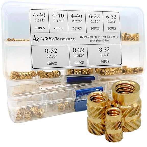 #4-40#6-32#8-32 160Pcs SAE Threaded Inserts, Knurled Nuts Assortment Kit, Brass Heat Set Insert for Plastic and 3D Printing Components