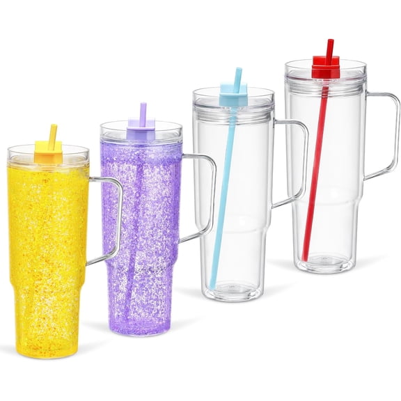 4  40 Oz Snowglobe Tumbler with Handle,   Globe Cups with Pre-drilled Hole, Double Wall  Clear  Travel Coffee Mug Cup for Snowglobe Glitter DIY (Multi-colored Lid)