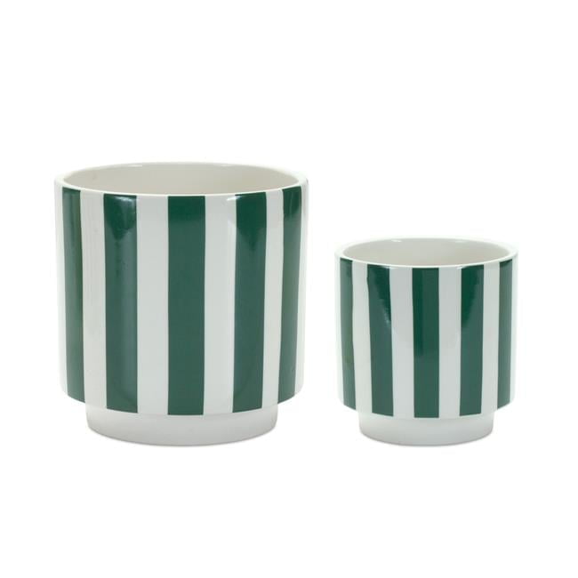 Green and White Striped Dolomite Indoor/Outdoor Planter Set