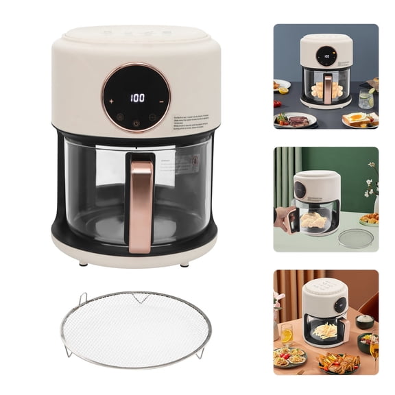 4.44Qt Mini Air Fryer, Adjustable Temperature Glass Air Fryer, 360° Viewable Touch Screen with Digital Display (White)