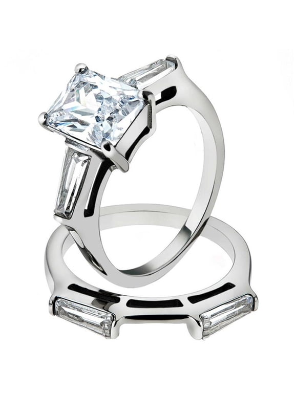 4.45 Ct Emerald Cut Zirconia Stainless Steel Engagement Wedding Ring Set Size 7