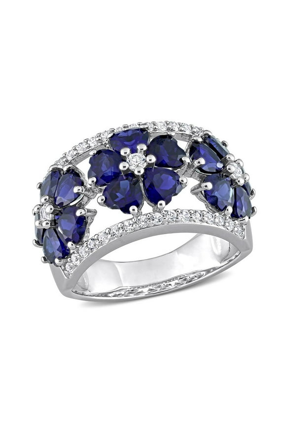 4.49 Carat (Ctw) Lab-Created Blue Sapphire Flower Band Ring in Sterling Silver for Women