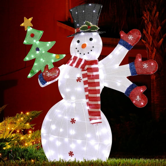 4.4FT Lighted Christmas Snowman, Pre-Lit 2D Pop-up Xmas Snowman with 170 Warm-White LED Lights, Collapsible Xmas Decor, Indoor & Outdoor Holiday Decoration for Yard, Porch, Home