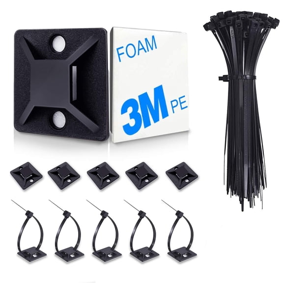 4/5" 100 Pack Zip Tie Mount With Cable Ties,Self Adhesive-backed Mounts for Wire Holder, Black Cable Management Clips Wall Anchors