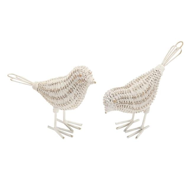 Set of 4 Beige and White Metal Wicker Bird Figurines