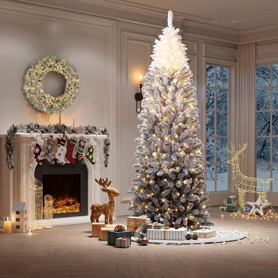 4.5/6/7.5/9Ft Prelit Artificial Christmas Tree with RGB & Warm White Lights, Pre-Lit Snow Flocked Pencil Christmas Tree, Foldable Base,Holiday Decoration for Home, Office, Party, 5 Gradient Colors