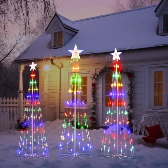 4/5/6/7.5 FT Lighted Cone Christmas Tree with Star Topper, Multicolor LED String Lights, Remote Control, 8 Lighting Modes, Foldable Frame Outdoor Waterproof Light Tree for Yard Porch Holiday Decor