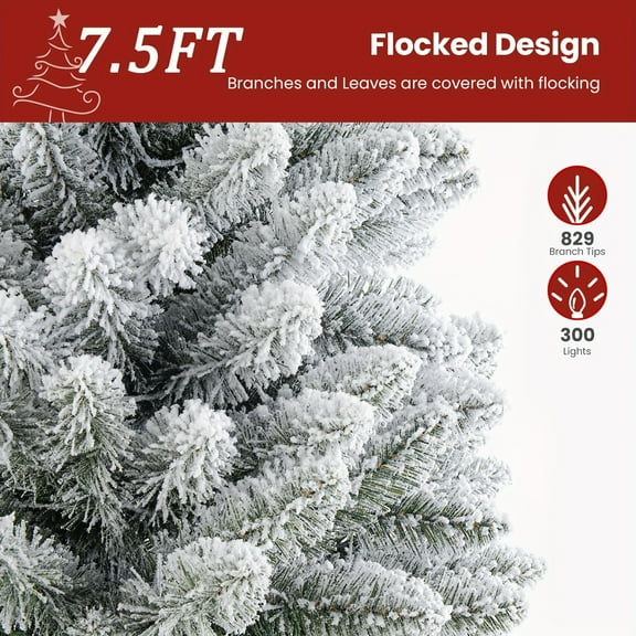 4/5/6/7/7.5/9ft Snow Flocked Artificial Christmas Tree - Warm White Lights, Slim Hinged Pencil Branches, Easy Assembly, UL Listed, Sturdy Metal Base - Xmas Holiday Decor