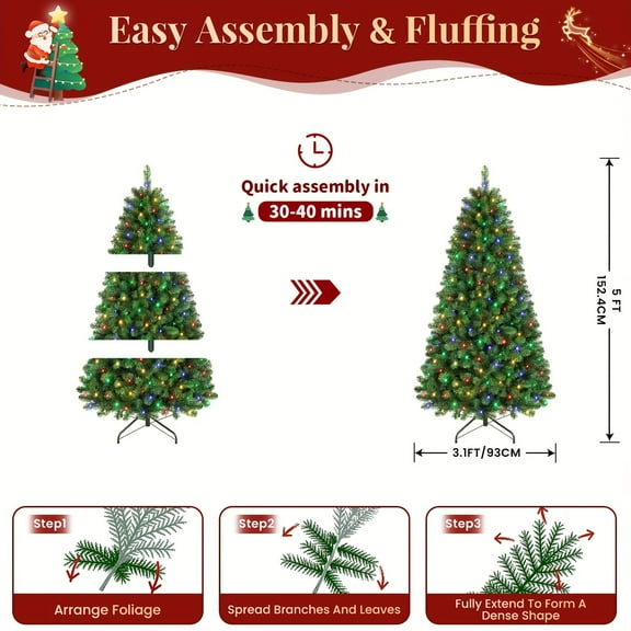 4/5/6/7/7.5ft Prelit Premium Artificial Hinged Christmas Tree with 330 Warm White & Color LED Changing Lights, 952 Branch Tips, Perfect Choice for Xmas Decoration, 4/5/6/7/7.5ft