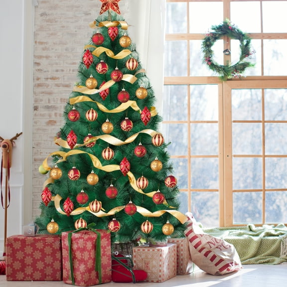 4/5/6/7/8FT Artificial Christmas Tree, Imitation Pine Needle Christmas Tree, Simulated Pine Needle Xmas Tree, Winter Party Decoration with Detachable Metal Base Lorelo
