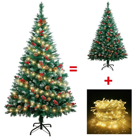 4/5/6/7FT Artificial Christmas Tree with Lights Pinecones Berry Bushy Xmas Party