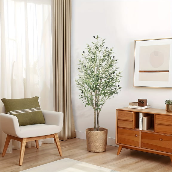 4/5/6/7Ft Lush Artificial Olive Tree - Realistic Wood Trunk Faux Moss, Silk Leaves Fruits Potted Decor for Indoor Outdoor Home Living Room, Housewarming Gift