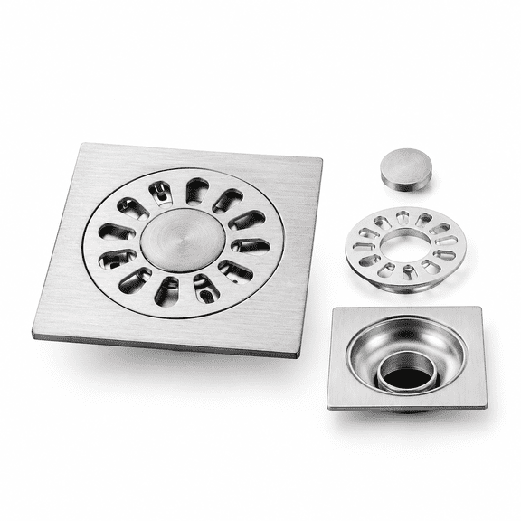 4/5/6 Inch Square Shower Floor Drain, 304 Stainless Steel Bathroom Drain with Anti-Odor Sealed Core, Removable Hair Catcher, Brushed Finish, 2mm Thick,Anti-Clog Backflow Prevention