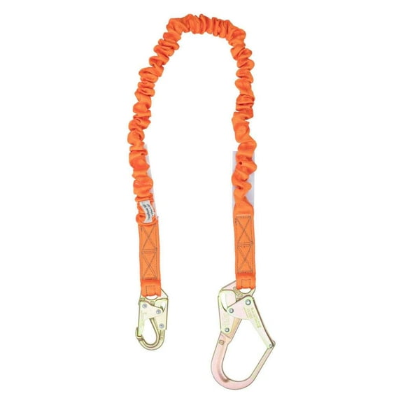4.5' - 6 Single Leg Stretch Internal Shock Absorbing Lanyard with 1 Rebar Hook and 1 Steel Snap Hook