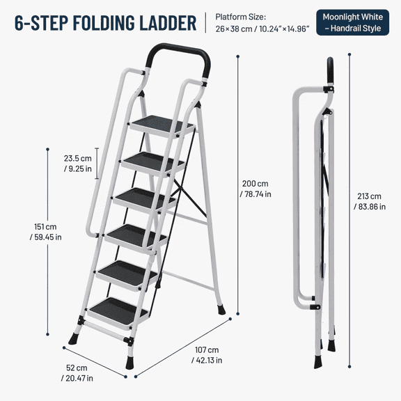 4/5/6 step folding heavy-duty ladder with handrail - wide anti slip pedal 15 '', stable and safe handrail, indoor and household step stool, foldable, no assembly required
