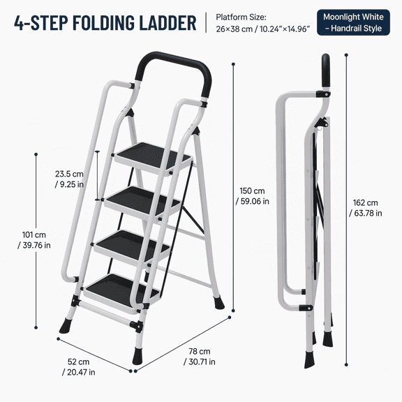 4/5/6 step folding heavy-duty ladder with handrail - wide anti slip pedal 15 '', stable and safe handrail, indoor and household step stool, foldable, no assembly required