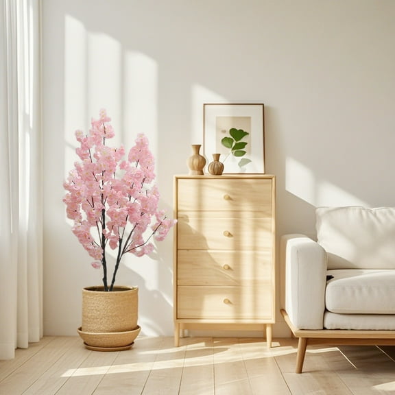 4/5/6FT Artificial Cherry Blossom Tree,Faux Floral Plant in Cement Pot,Artificial Handmade Blossom Trees for Indoor Outdoor Office Home Porch