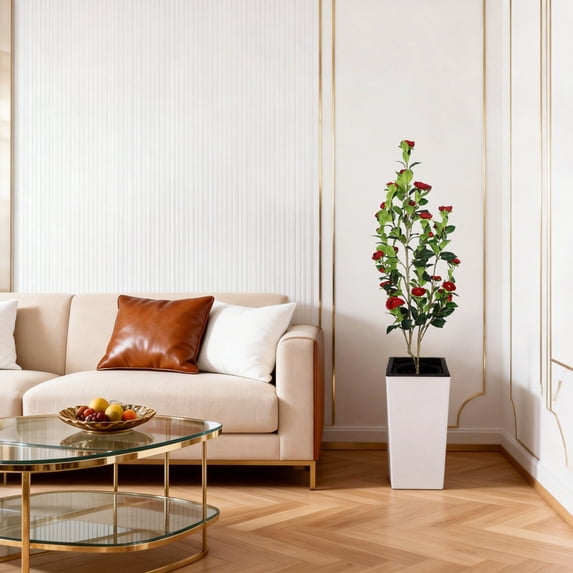 4/5/6FT Artificial Rubber Tree with White Planter, Faux Plants Indoor Faux Floor Artificial Trees with Many Red Flowers, Fake Tropical Plants, Real Touch Rubber Tree for Home Office Decor