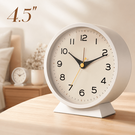 4.5" Analog Alarm Clock,Small Retro Desk Clock Battery Operated,Slient Metal Table Clock with Light for Living Room Decor,Bedroom,Bedside,Shelf (White)