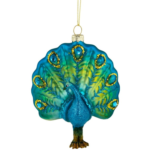 Northlight Standing Glittered Peacock Glass Christmas Ornament - 4.5" - Blue and Green