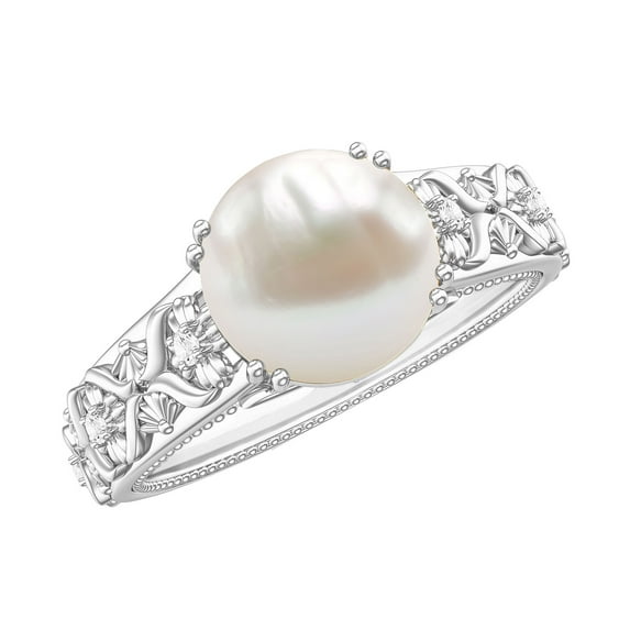 Rosec Jewels Genuine Freshwater Pearl Diamond Engagement Ring 7 Carat - Nature Inspired Ring - AAA Quality - With Jewelry Box, 18K White Gold, US 8.00