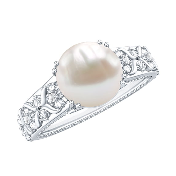 Rosec Jewels Genuine Freshwater Pearl Diamond Engagement Ring 7 Carat - Nature Inspired Ring - AAA Quality - with Jewelry Box, 925 Sterling Silver, US 4.00