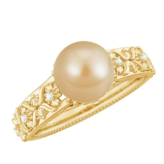 Rosec Jewels Nature Inspired South Sea Pearl Diamond Engagement Ring - 9 mm Golden Pearl Ring for Women - AAA Quality, 10K Yellow Gold, US 12.00