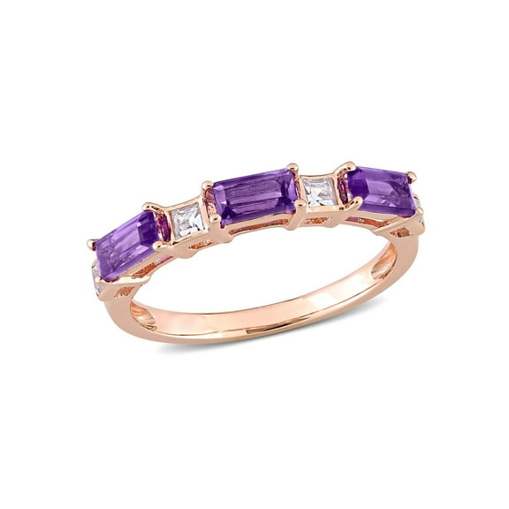 4/5 Carat (Ctw) Amethyst Bagette-Cut and White Topaz Ring Band in 10K Rose Pink Gold