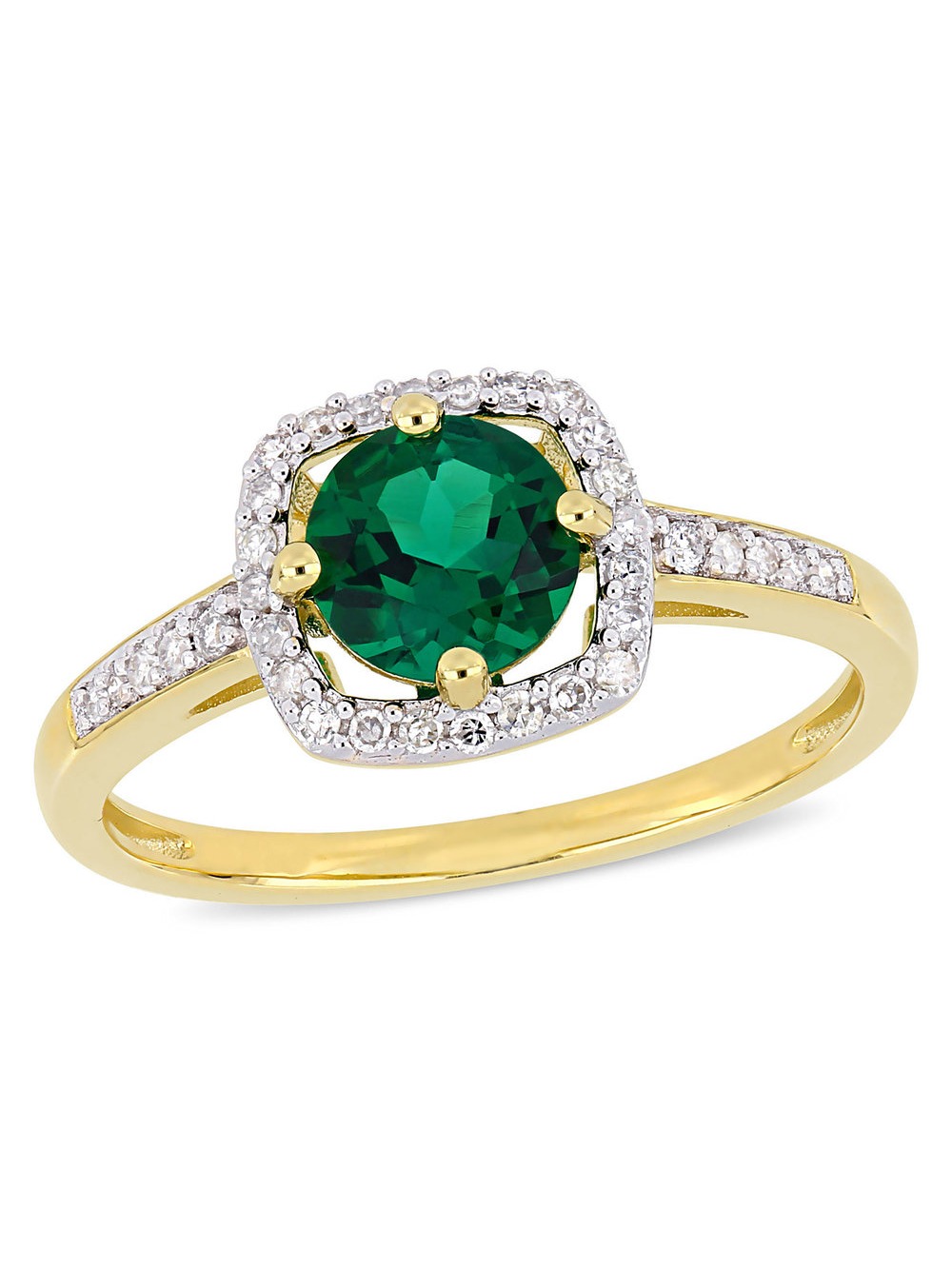 4/5 Carat (Ctw) Lab Created Green Emerald Ring in 10K Yellow Gold with Diamonds 1/7 Carat (Ctw