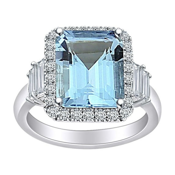 AFFY 4.5 Carat (Ctw) Simulated Aquamarine & White Natural Diamond Cluster Engagement Ring In 14k Solid White Gold Ring Size-5.5