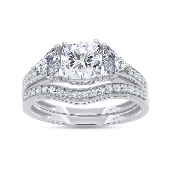AFFY 4.5CT Cushion & Round White CZ Engagement Bridal Ring 14K White Gold over Silver-6