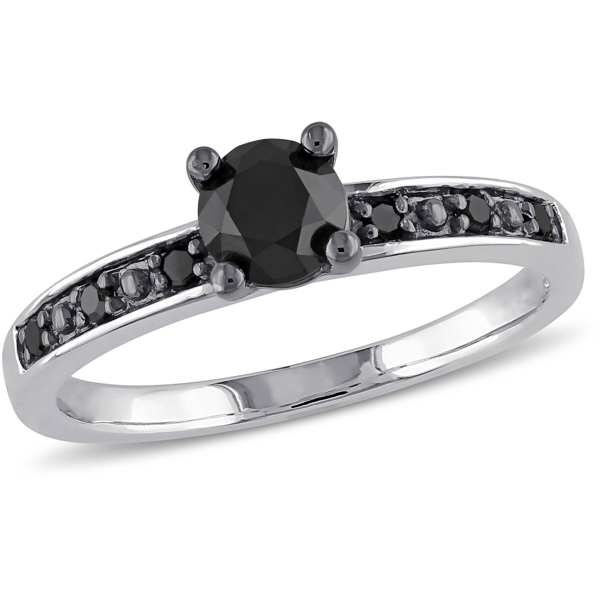 Natural 3mm Round Cut Black Diamond and White Diamond Halo Ring, 14k S
