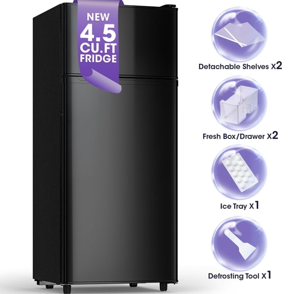 Patiosunny 4.5 cu.ft Mini Refrigerator, Double Door Fridge with Freezer, Adjustable Thermostat & Glass Shelves for Dorm, Bedroom, Apartment, Office, Black