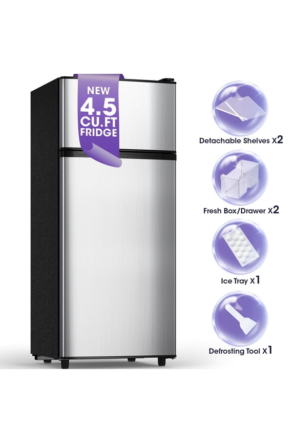 4.5 Cu.ft Mini Refrigerator with Freezer, 2 Doors Mini Fridge with Adjustable Shelves, Small Refrigerator for Home, Office, Kitchen, Dorm and Bedroom (Brushed Silver)